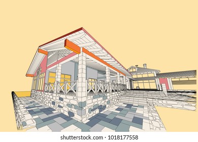 Author's project of swimming pool and sauna, terraces. Vector