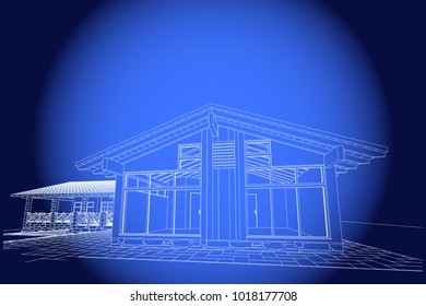 Author's project of swimming pool and sauna, terraces,  blueprint. Vector