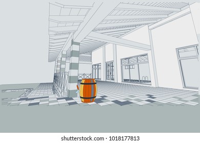 Author's project of swimming pool and sauna, terraces. Vector