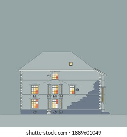 Author's project of a three-storey country mansion in the style of the 19th century. Blueprint, facade. Vector.