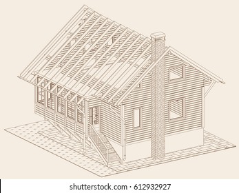 The author's project of a wooden house from glued profiled beam with the rafters on the roof. Vector.