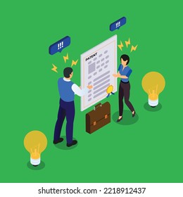 Authors Pulling Patent Law Certificate Having Fight for Copyright isometric 3d vector illustration concept for banner, website, illustration, landing page, flyer, etc.