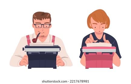 Authors typing on manual retro typewriters. Man and woman journalist writing article on vintage typewriter cartoon vector illustration