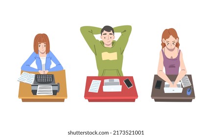 Authors writing articles typing on typewriter and laptop computer set cartoon vector illustration