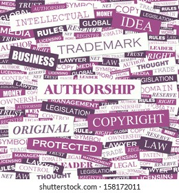 AUTHORSHIP. Background concept wordcloud illustration. Print concept word cloud. Graphic collage with related tags and terms. Vector illustration. 