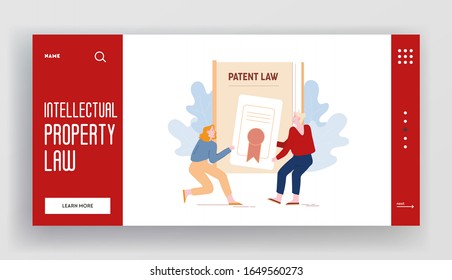 Authorship. Intellectual Property Protection Litigation Website Landing Page. Women Pulling Patent Law Certificate Fighting For Copyright Production Web Page Banner. Cartoon Flat Vector Illustration