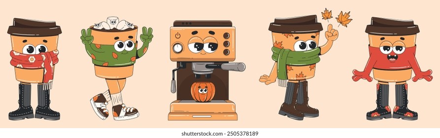 Autimn coffee characters in retro groovy style. Cozy cartoon mascots for cafeteria, coffee shop or restaurant. Coffee, tea and cocoa cups with fall flavors.