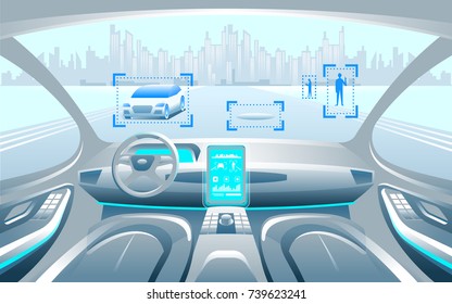 Autinomous Smart Car Inneneinrichtung. Selbstfahren in der Stadtlandschaft. Display zeigt Informationen über das Fahrzeug bewegt, GPS, Reisezeit, Scan Distance Assistance App. Zukunftskonzept