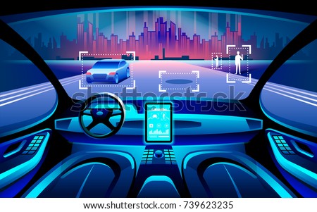 Autinomous smart car inerior. Self driving at night city landscape. Display shows information about the vehicle is moving, GPS, travel time, scan distance Assistance app. Future concept