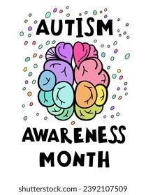 Autism acceptance month. Autistic spectrum disorder vertical poster. ASD banner, print. Editable vector illustration in vibrant colors with handmade lettering and fonts on a white background