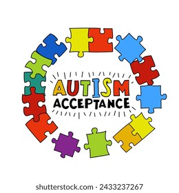 Autism acceptance week. Autistic spectrum disorder landscape poster. ASD banner, print. Editable vector illustration in vibrant colors with handmade lettering and fonts on a white background