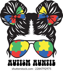 autism auntie, messy bun, autism awareness, aunt t-shirt print template, autism puzzle, vector, illustration, art