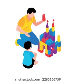 Autism awaness isometric concept icon with parent and kid building colorful toy castle together 3d vector illustration