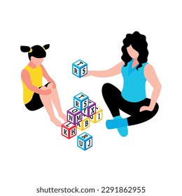 Autism awareness autistic spectrum disorder isometric icon with parent and girl studying alphabet together vector illustration