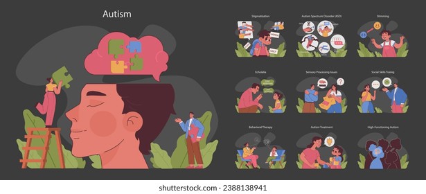 Autism awareness concept. A comprehensive look into Autism Spectrum Disorder, its symptoms, and therapeutic approaches. Understanding, treatment, and acceptance. Flat vector illustration