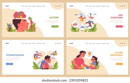 Autism awareness concept. A comprehensive look into Autism Spectrum Disorder, its symptoms, and therapeutic approaches. Understanding, treatment, and acceptance. Flat vector illustration