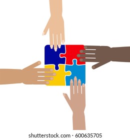 Autism awareness concept with human hands collecting puzzle elements of blue, red, yellow colors. Stock vector illustration .