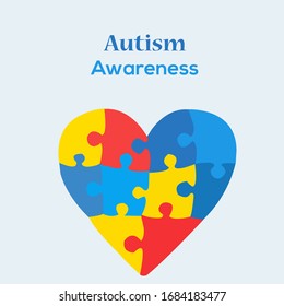 Autism awareness concept poster flat design with heart of puzzle pieces as symbol of autism.