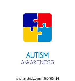 Autism awareness concept with puzzle elements of blue, red, yellow colors forming a square. Stock vector illustration, logo, emblem design.