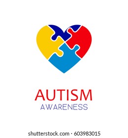 Autism awareness concept with puzzle elements of blue, red, yellow colors forming a heart. Stock vector illustration, logo, emblem design. .