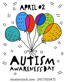 Autism awareness day. Autistic spectrum disorder vertical poster. ASD banner, print. Editable vector illustration in vibrant colors with creative lettering and balloons on a white background