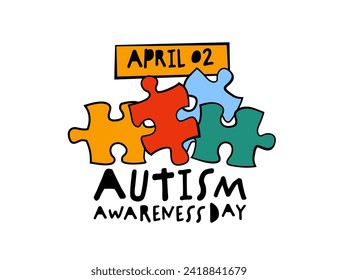 Autism awareness day. Autistic spectrum disorder landscape poster. ASD banner, print. Editable vector illustration in vibrant colors with creative lettering and puzzle on a white background