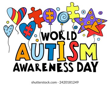 Autism awareness day. Autistic spectrum disorder landscape poster. ASD banner, print. Editable vector illustration in vibrant colors with creative lettering and puzzle on a white background