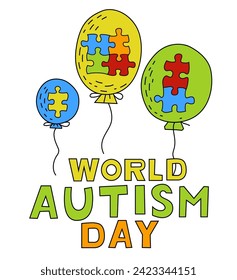 Autism awareness day. Autistic spectrum disorder vertical poster. ASD banner, print. Editable vector illustration in vibrant colors with creative lettering and balloons on a white background