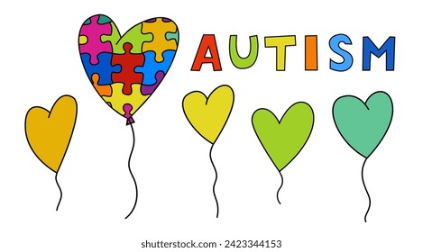 Autism awareness day. Autistic spectrum disorder landscape poster. ASD banner, print. Editable vector illustration in vibrant colors with creative lettering and balloons on a white background