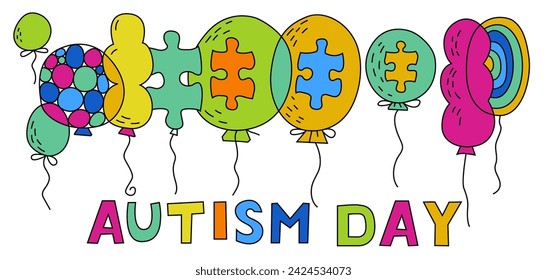 Autism awareness day. Autistic spectrum disorder landscape poster. ASD banner, print. Editable vector illustration in vibrant colors with creative lettering and balloons on a white background