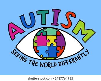 Autism awareness day. Autistic spectrum disorder landscape poster. ASD banner, print. Editable vector illustration in vibrant colors with creative lettering and puzzle on a blue background