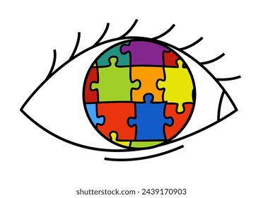 Autism awareness day. Autistic spectrum disorder logotype, sign. ASD poster, banner, print. Editable vector illustration in vibrant colors with a puzzle in an eye isolated on a white background