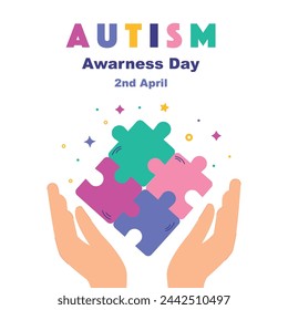 Autism Awareness Day card with puzzle heart and hand. Vector graphics