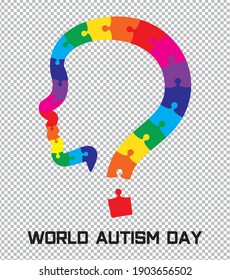 Autism Awareness Day. Colorful question mark puzzle profile of a boy. Concept stock vector.