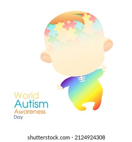 Autism awareness day concept with child and puzzle pieces. Health care poster of world autism awareness month. Colorful puzzles as a symbol of fight against disease. Vector isolated illustration