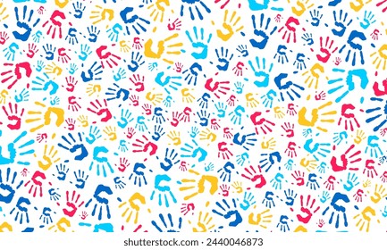 Autism Awareness Day concept colorful kids hand together seamless pattern background. child handprint shaped autism seamless pattern vector illustrator background for autism day template.