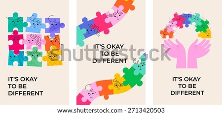 Autism Awareness Day concept vertical poster, banner design with colorful puzzles. Vector illustrations with Okay to be Different slogan