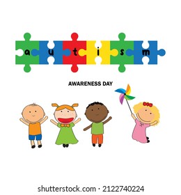 Autism awareness day. Illustration of happy children receiving support, acceptance and love.