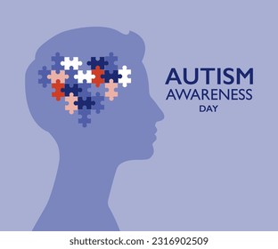 Autism awareness day illustration. Human head profile with heart shaped jigsaw puzzle symbol.