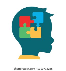 autism awareness day kid with puzzles in head vector illustration