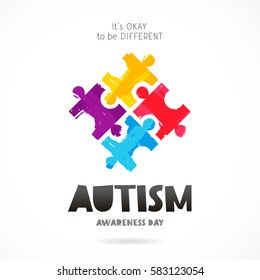 Autism Awareness Day. It's okay to be different. Trend lettering. Multicolored puzzle of brush strokes. Healthcare concept. Vector illustration on white background