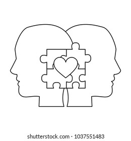 autism awareness day profile heads with puzzle heart vector illustration outline design