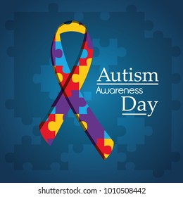 Autism Awareness Day Puzzle Shape Ribbon Blue Background