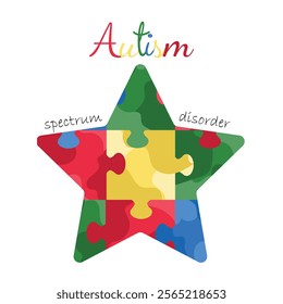 Autism awareness day symbol. Jigsaw puzzled in heart shape. Autism spectrum disorder star banner. Children inclusivity. 2nd April. Childhood, board games, love, textile, clothes print