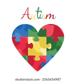 Autism awareness day symbol. Jigsaw puzzled in heart shape. Autism spectrum disorder banner. Children inclusivity. 2nd April. Childhood, board games, love, textile, clothes print