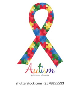 Autism awareness day symbol. Jigsaw puzzled in ribbon shape. Autism spectrum disorder banner. Children inclusivity. 2nd April. Childhood, board games, love, textile, clothes print