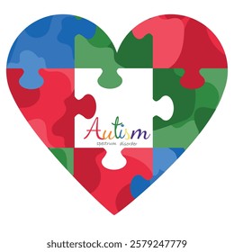 Autism awareness day symbol. Jigsaw puzzled in heart shape. Autism spectrum disorder banner. Children inclusivity. 2nd April. Childhood, board games, love, textile, clothes print