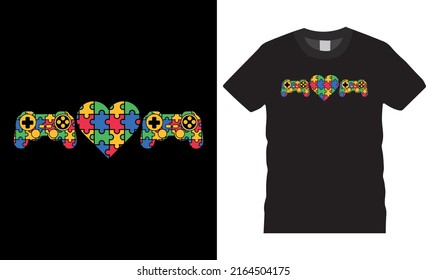 Autism Awareness Day T-shirt Design. Autism puzzle Game controller. Autism Shirt Vector Graphics Template for Gift, poster, background, Autism lover, Puzzle Pieces, upload and print ready file.