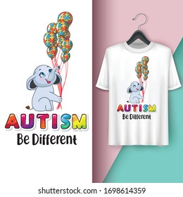 Autism Awareness Day.Elephant Holding Balloons.Vector Illustration. T-Shirt Design.