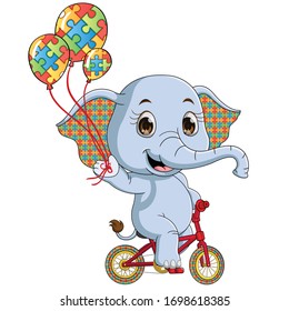 Autism Awareness Day.Elephant Riding A Bicycle.Vector Illustration. T-Shirt Design.